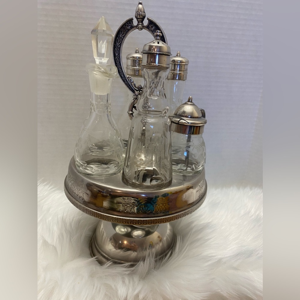 Silver plated and etched crystal cruet